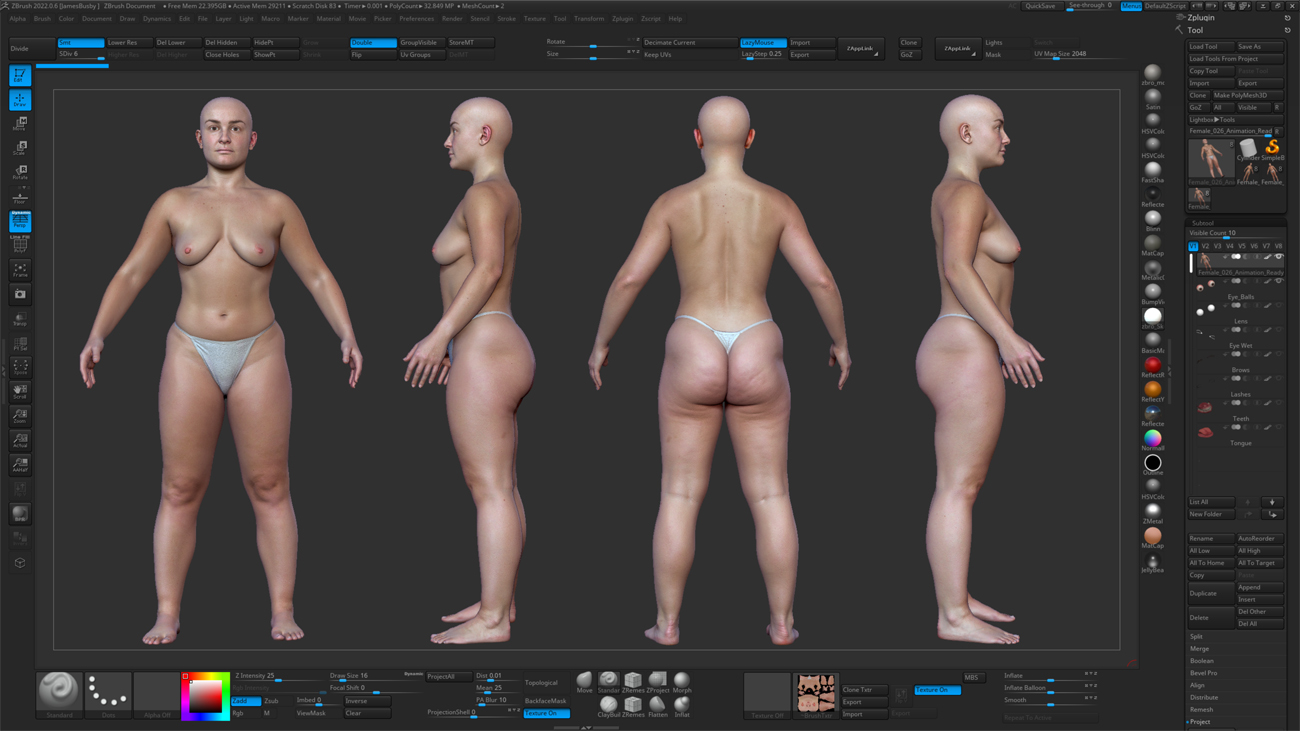 ZBrush ZTool render of a female full body scan at high subdivision level showing sculpt-ready mesh detail